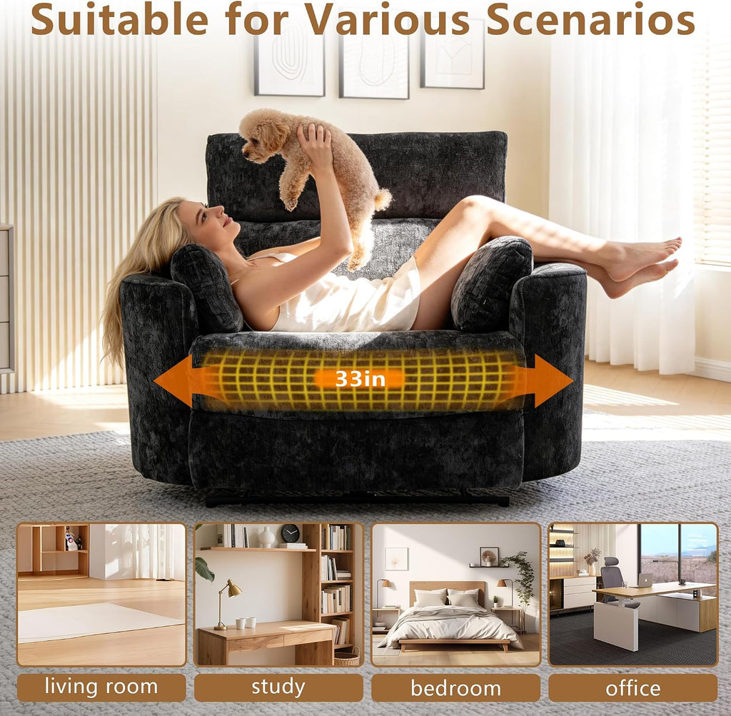450lbs Oversized Power Recliner Chair for Big and Tall Adults, 52' Extra Wide Electric Recliner with USB & Type-C Ports, Chenille Fabric Single Sofa Chair for Living Room & Bedroom, Black