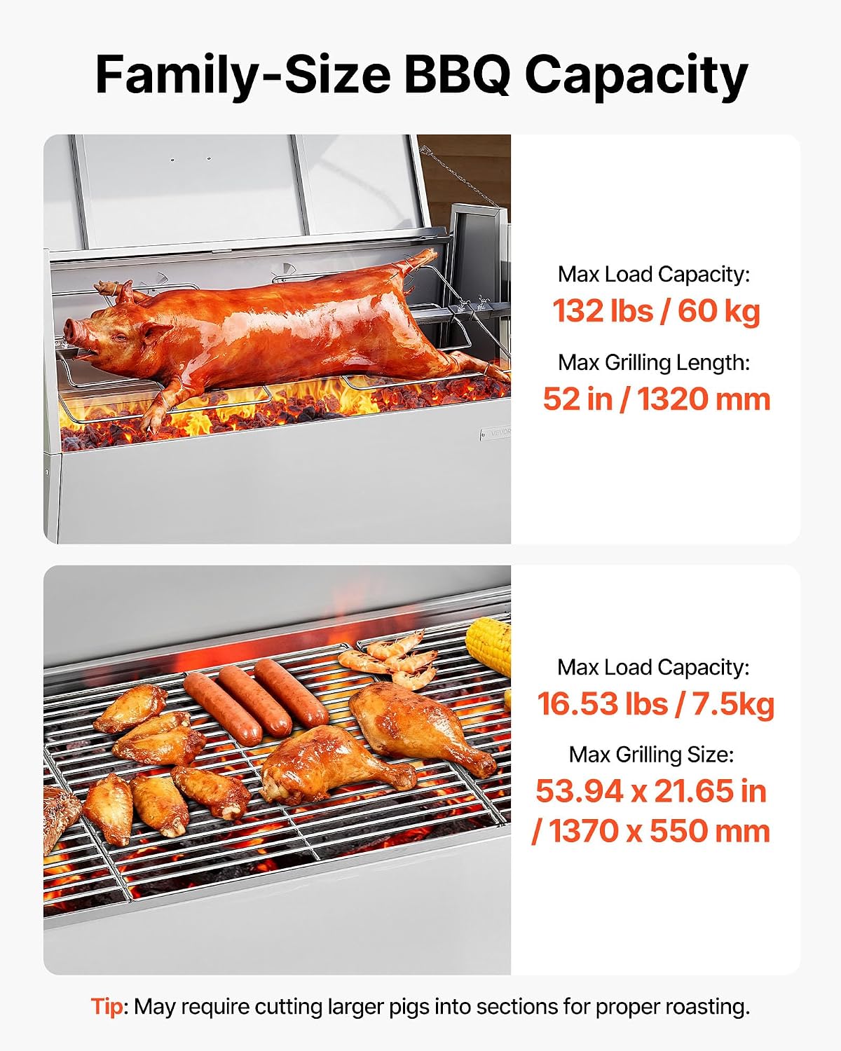 VEVOR Rotisserie Grill, 52in BBQ Outdoor Pig & Lamb Spit Roaster, Charcoal Spit Roaster with 132 LBS Capacity, Wheels, 4-Level Height, Stainless Steel Electric Rotisserie Grill Kit for Camping Outdoor