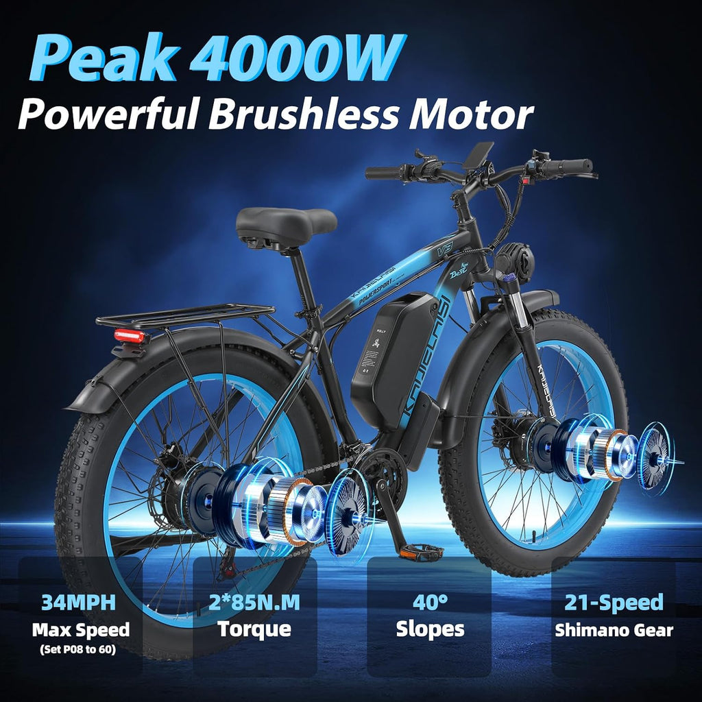 AWD Electric Bike for Adults, Peak 4000W Power 26' Fat Tire Ebike, Dual Motor Electric Bicycles, 48V 22.4AH Removable Battery Fast Dual Hydraulic Brakes 21-Speed Electric Mountain Bike
