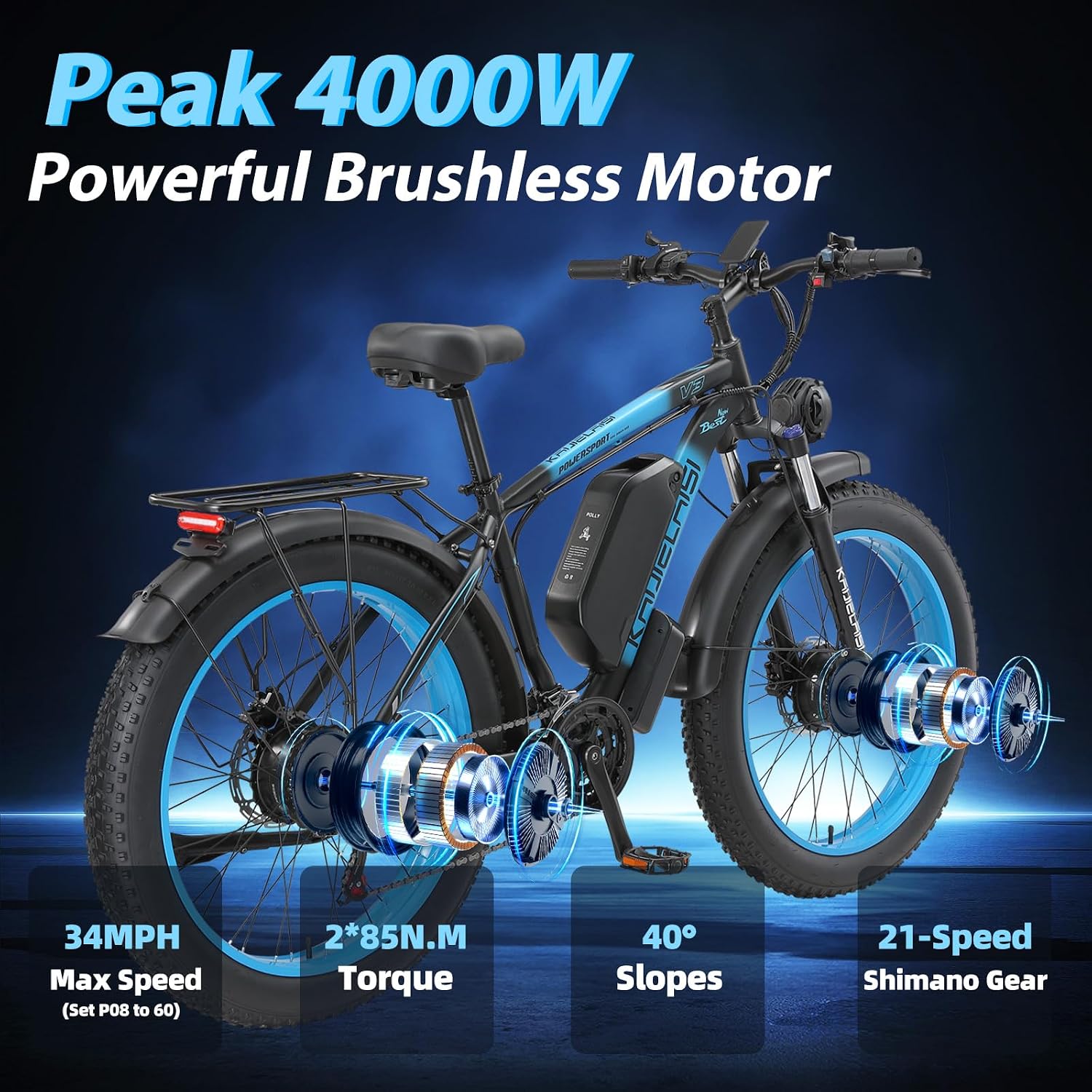 AWD Electric Bike for Adults, Peak 4000W Power 26' Fat Tire Ebike, Dual Motor Electric Bicycles, 48V 22.4AH Removable Battery Fast Dual Hydraulic Brakes 21-Speed Electric Mountain Bike