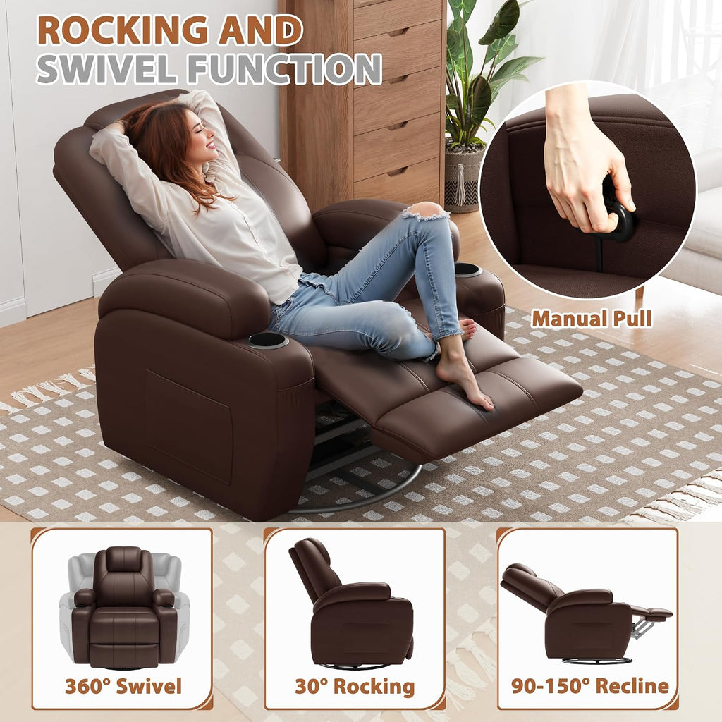 Flamaker Swivel Rocker Recliner Chair with Vibration Massage, 360° Swivel Recliner Chairs for Adults Ergonomic Lounge Chair with Cup Holders Lazy Boy Recliner Single Sofa Seat (Leather, Brown)