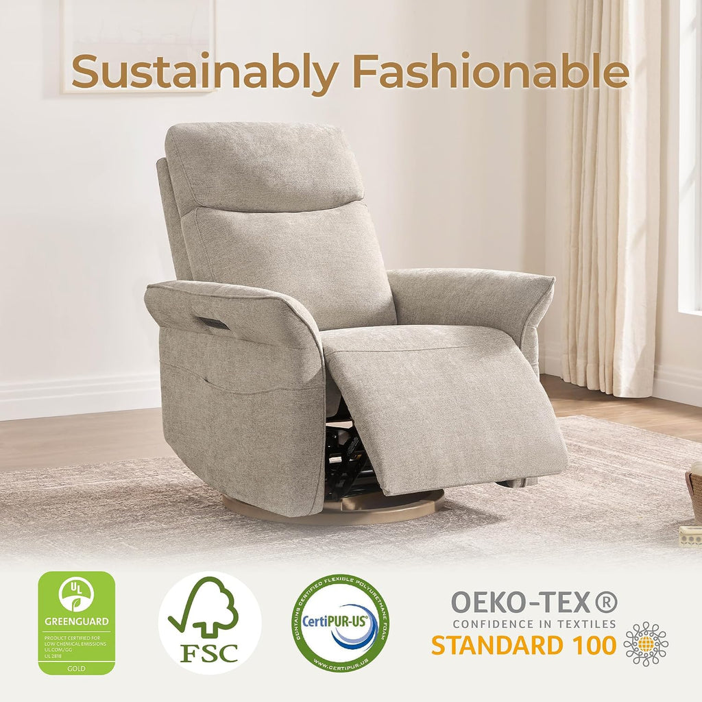 CHITA Power Recliner Chair, Electric Triple-Motor Swivel Glider Nursery Rocking Chair with Adjustable Power Headrest and Lumbar Support, GREENGARD Gold Certified, Solid Wood Base, Khaki Grey