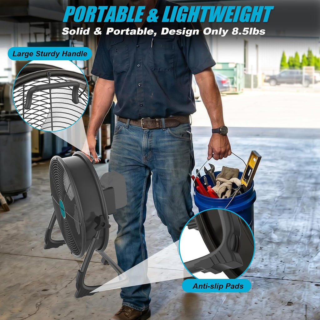 16' Battery Operated Floor Fan Compatible with Makita 18V Battery, Portable Fan with AC Adapter and USB Output, Metal Industrial High Velocity, Stepless Speed Cordless Fan for Jobsite Garage Camping