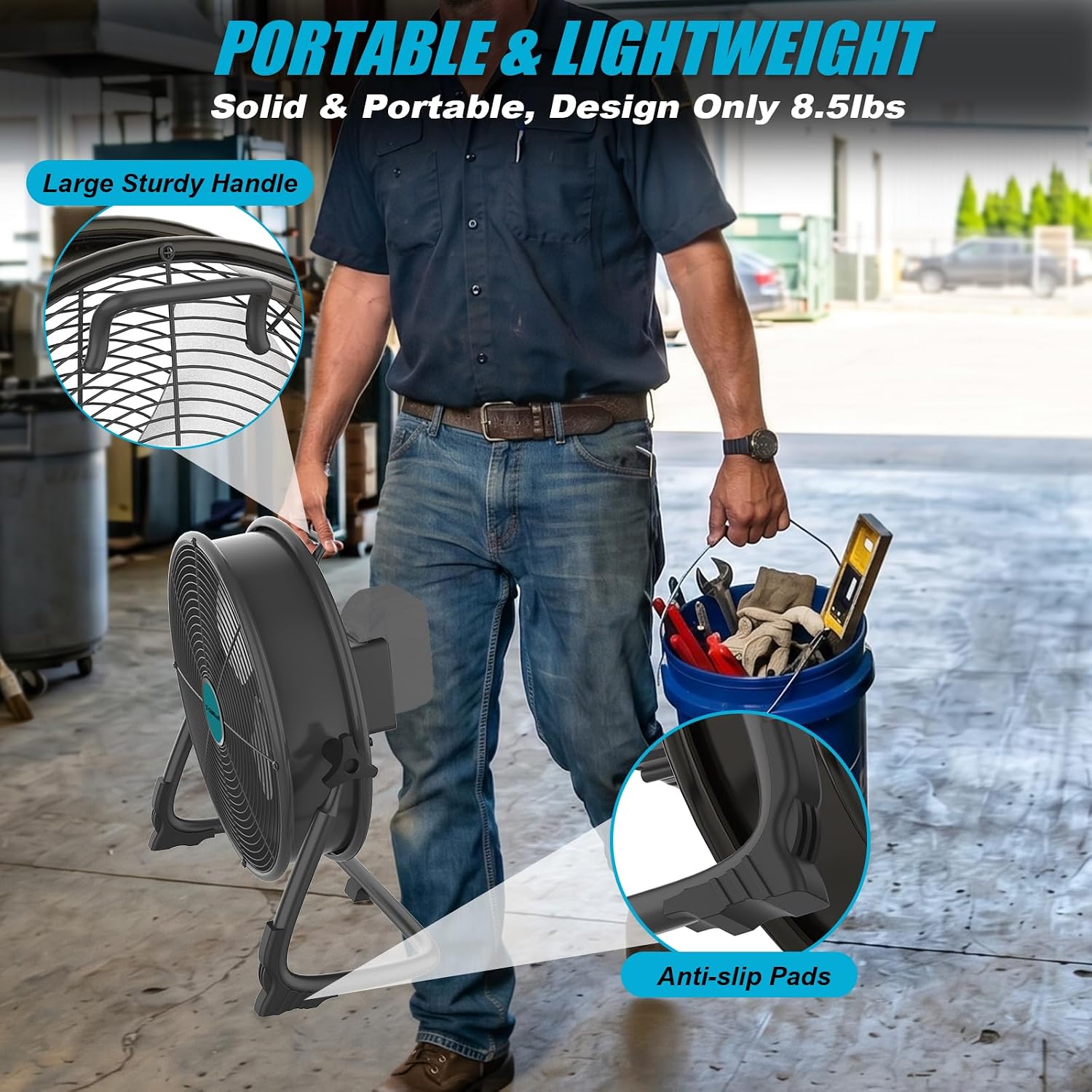 16' Battery Operated Floor Fan Compatible with Makita 18V Battery, Portable Fan with AC Adapter and USB Output, Metal Industrial High Velocity, Stepless Speed Cordless Fan for Jobsite Garage Camping