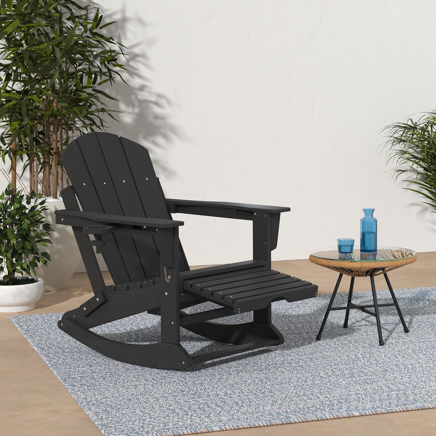KINGYES Adirondack Rocking Chair Set of 4 with Retractable Ottoman and Cup Holders, HDPE Adirondack Rocker Patio Rocking Chair for Porch, Patio, Balcony, Black