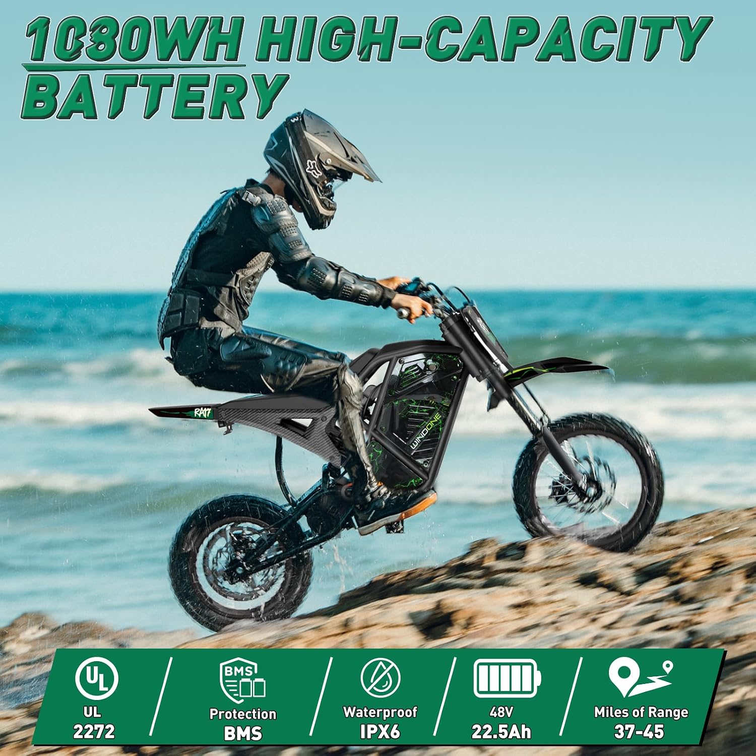 Windone RM7 Electric Dirt Bike for Teens & Adults, 48V 22.5Ah, 37MPH & 45-Mile Electric Motorcycle, 2200W Ebike, 14'/12' Off-Road Tire E-Bike, Dual Hydraulic Brakes, Full Suspension, Fit Age 13+
