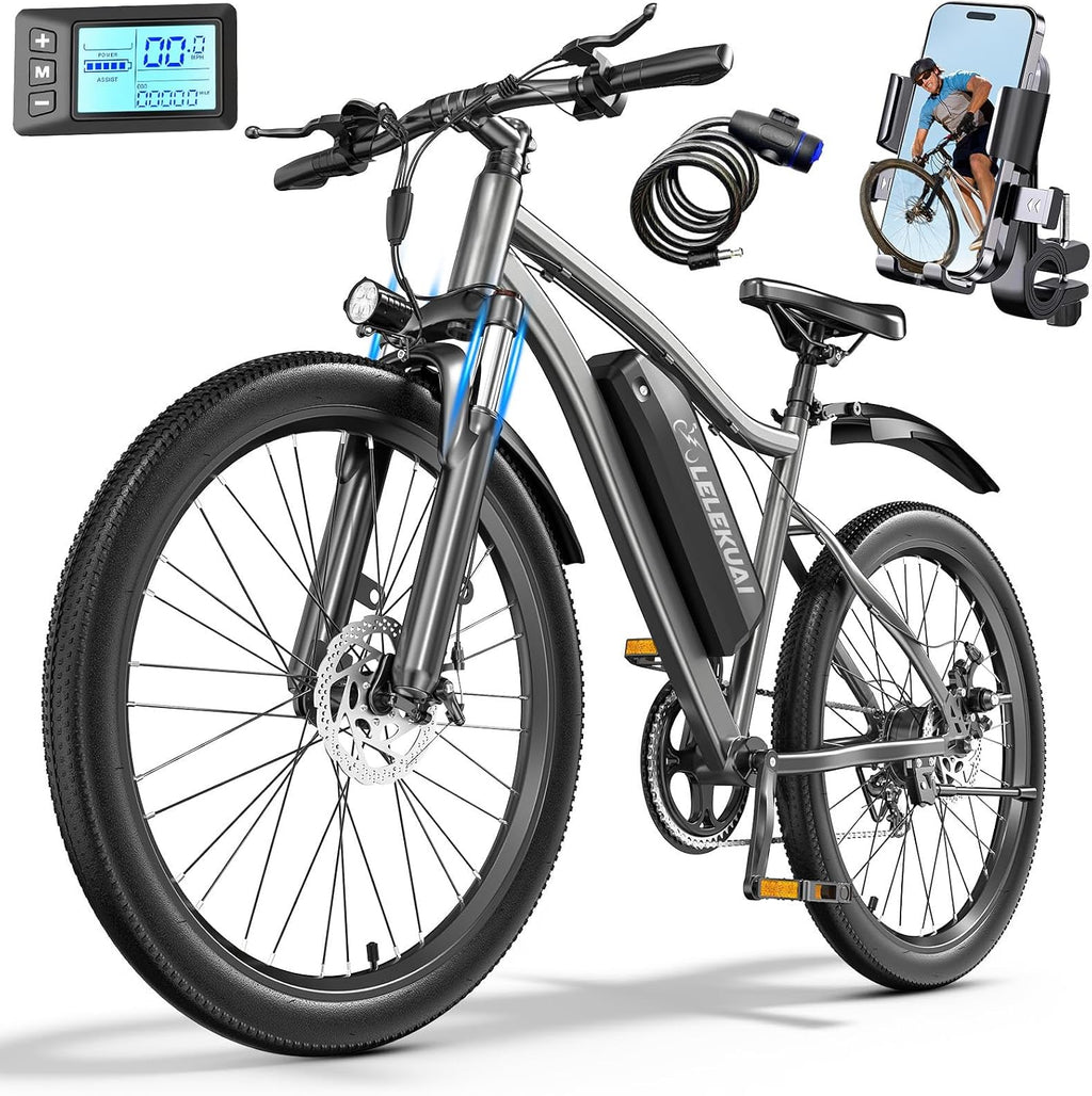 Electric Bike for Adults, 26' Commuter Ebikes with 7-Speed Gears, 25MPH Lightweight E Bike, 720W Peak Motor, 375Wh Removable Battery, 50 Miles Range, Electric Mountain Bicycles for All Terrain (Gray)