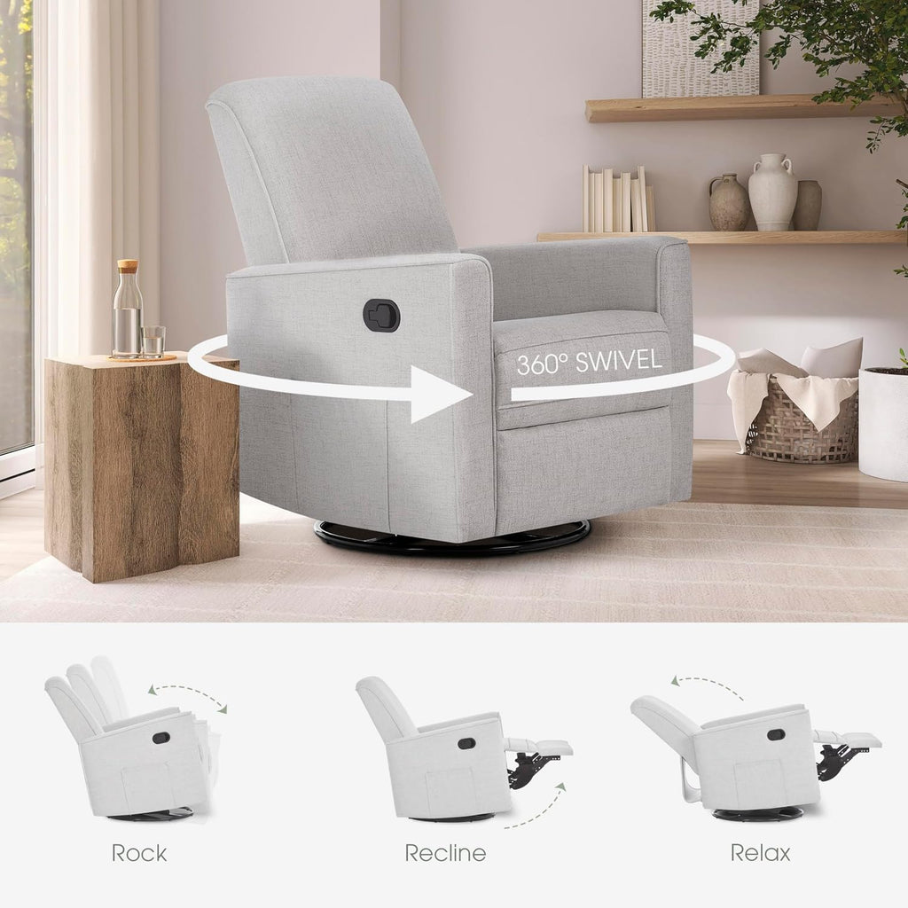 Evolur Raleigh Upholstered Manual Glider Recliner– Rocking & 360° Swivel with Smooth Glide – Greenguard Gold & FSC Certified – Modern Nursery and Living Room Chair in Fog