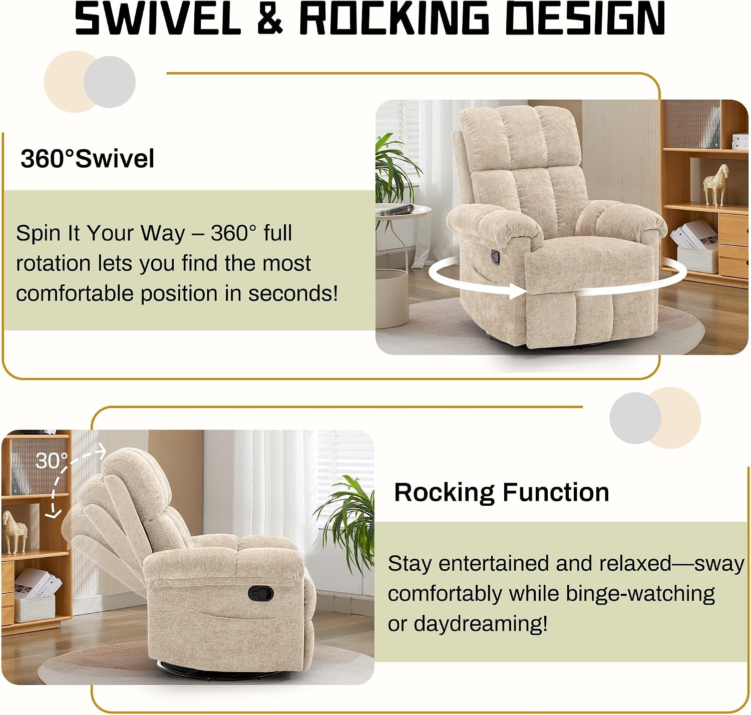 Korser Recliner Chair, Small Rocker Recliner Chair for Adults, Swivel Recliners for Small Spaces, Manual Recliner, Upholstered Nursery Rocking Chair for Living Room, Chenille, Khaki