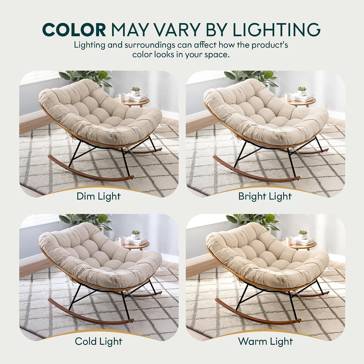 Bme Patio Rocking Chair Outdoor & Indoor, Beige Cushion - Wood Texture Rocker, Metal Patio Lounge Rocking Chair with Thick Cushion, Comfy Modern Rocker Chair for Living Room, Porch, Backyard