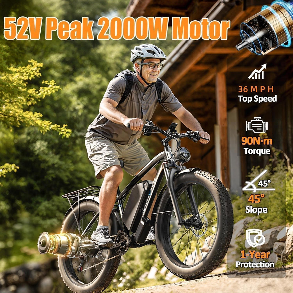 Ebike for Adults Electric, 52V 19.2Ah/32Ah, Peak 2000W/3000W Electric Bicycle, 36/40M P H, 70 Miles/100Miles, Off Road Snow Mountain E-Bike, Hydraulic Disc Brake, 24'/26' Fat Tire E Bike UL2849 by SGS