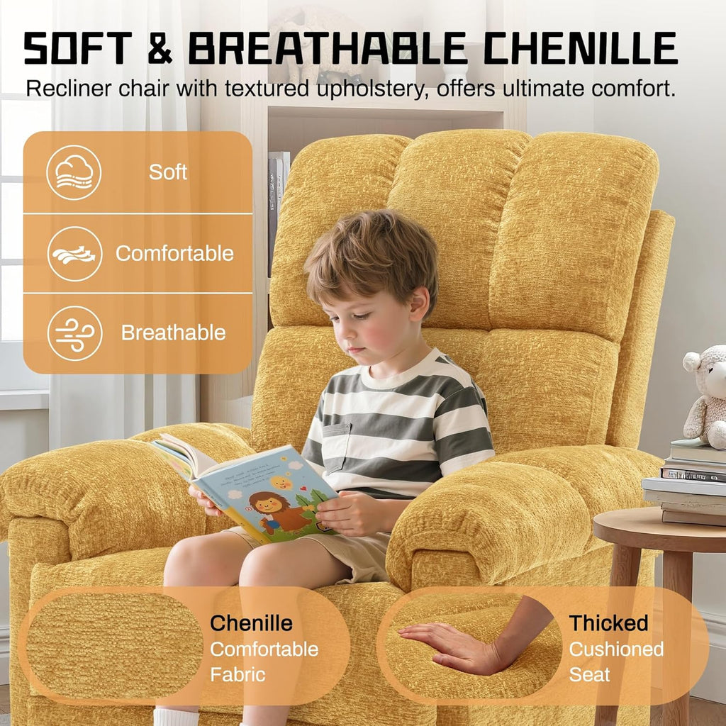 Korser Recliner Chair, Swivel Rocker Recliner Chair for Adults, Small Recliners for Small Spaces, Upholstered Manual Recliner with Side Pockets, Nursery Rocking Chair for Living Room, Chenille, Yellow