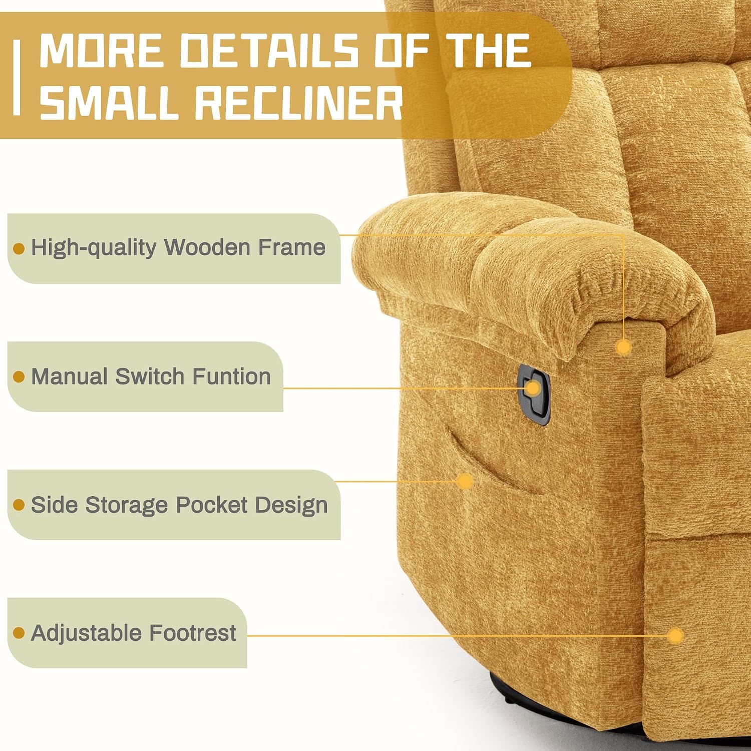 Korser Recliner Chair, Swivel Rocker Recliner Chair for Adults, Small Recliners for Small Spaces, Upholstered Manual Recliner with Side Pockets, Nursery Rocking Chair for Living Room, Chenille, Yellow