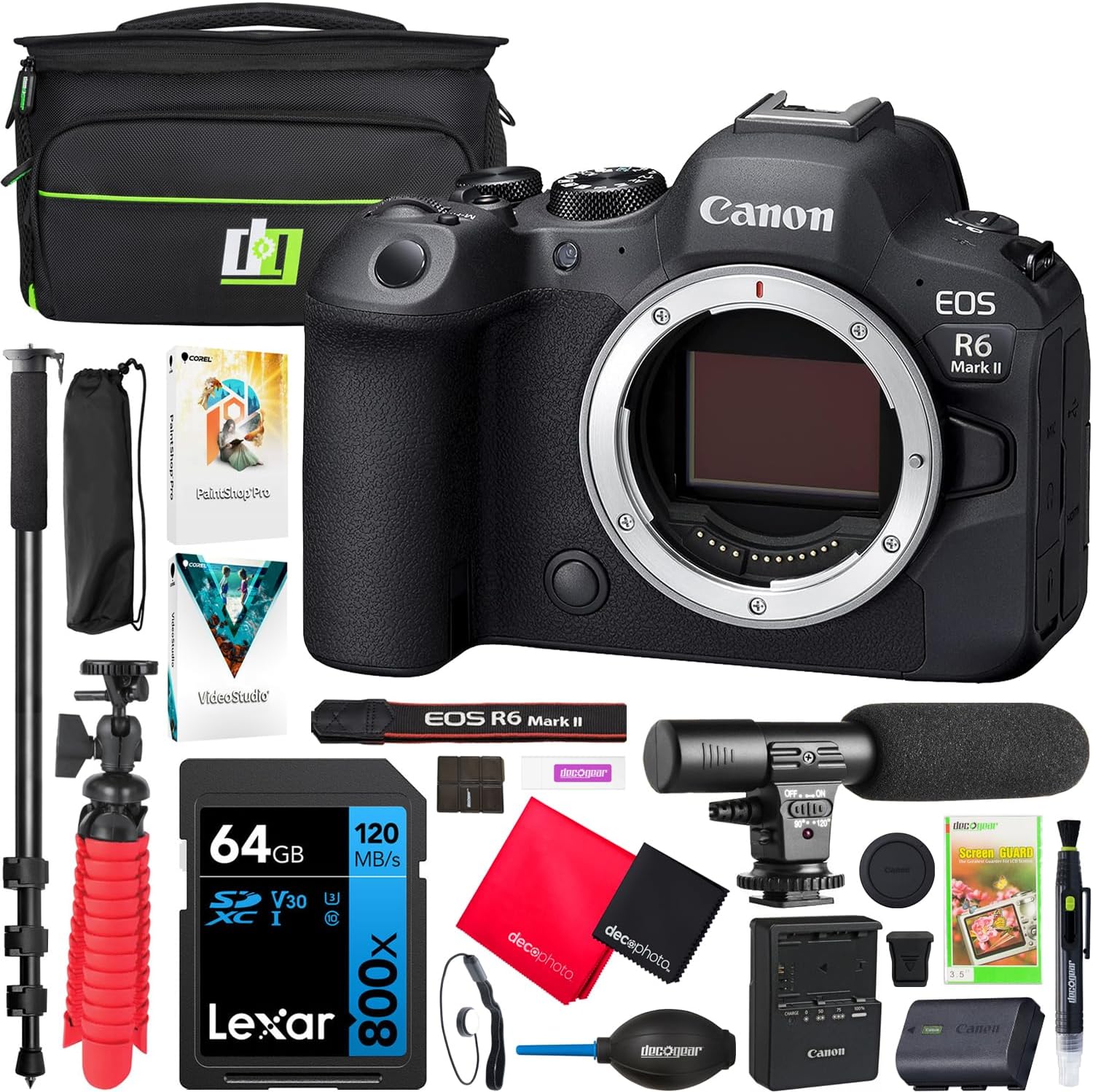 Canon EOS R6 Mark II Full Frame Mirrorless Interchangeable Lens Camera | Official Canon USA Partner Model | Body 5666C002 Bundle with Deco Gear Photography Bag + Microphone + Monopod + Software