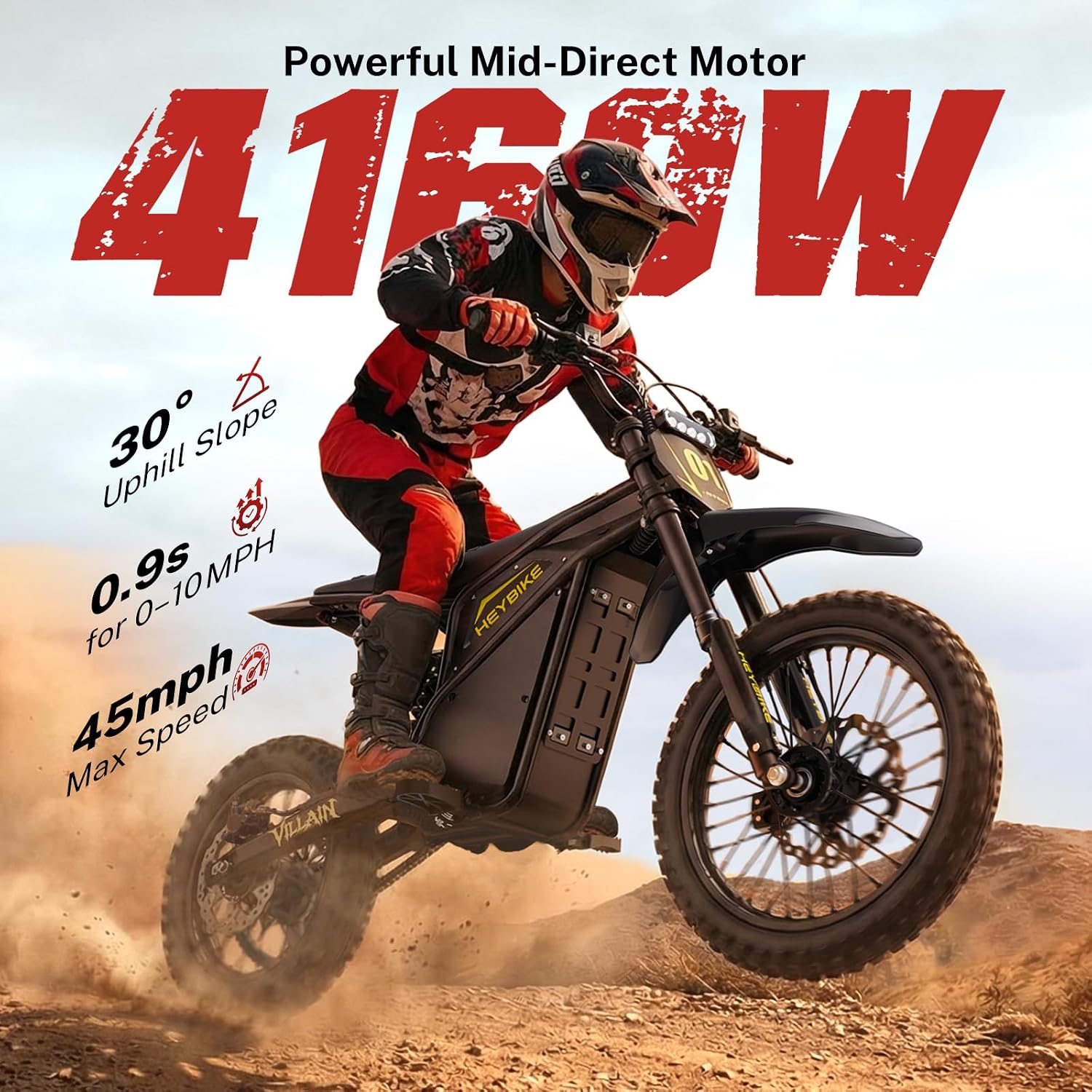 Heybike Villain Electric Dirt Bike with 4160W Motor 1352WH Battery, Up to 45 MPH, 50 Miles Range, 14'/12' Fat Tire Electric Bike with Hydraulic Brakes&Dual Suspension, Off-Road E-Bike