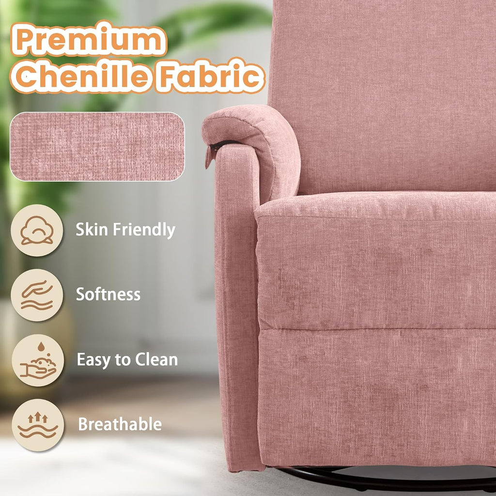 Korser Recliner Chair, Swivel Rocking Recliner Chair for Adults, Glider Rocking Chair, Small Nursery Chair Recliner for Living Room, Reclining Chair with Modern-Designed Armrests, Chenille, Pink