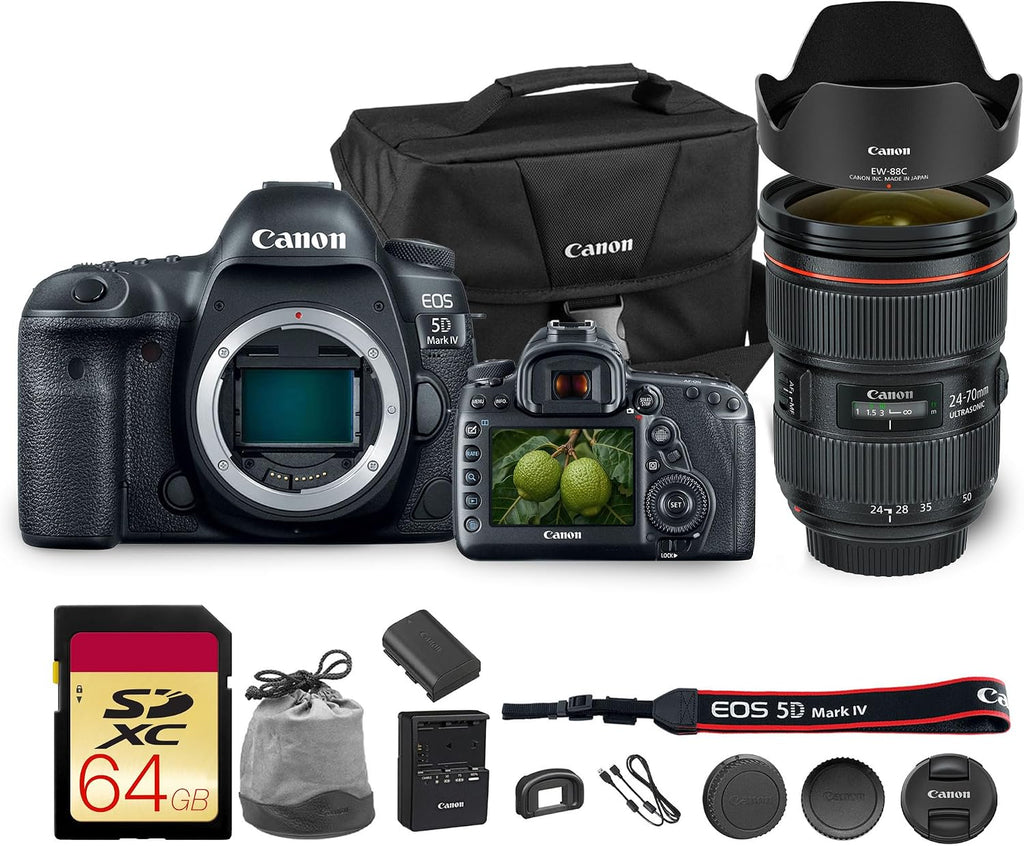 Canon EOS 5D Mark IV DSLR Camera 30.4MP Full Frame with 4K Video, Dual Pixel AF, Wi-Fi, GPS | Pro Photography Camera for Portraits, Landscapes, and Video + Canon EF 24-70mm Lens + Bag + 64GB Card
