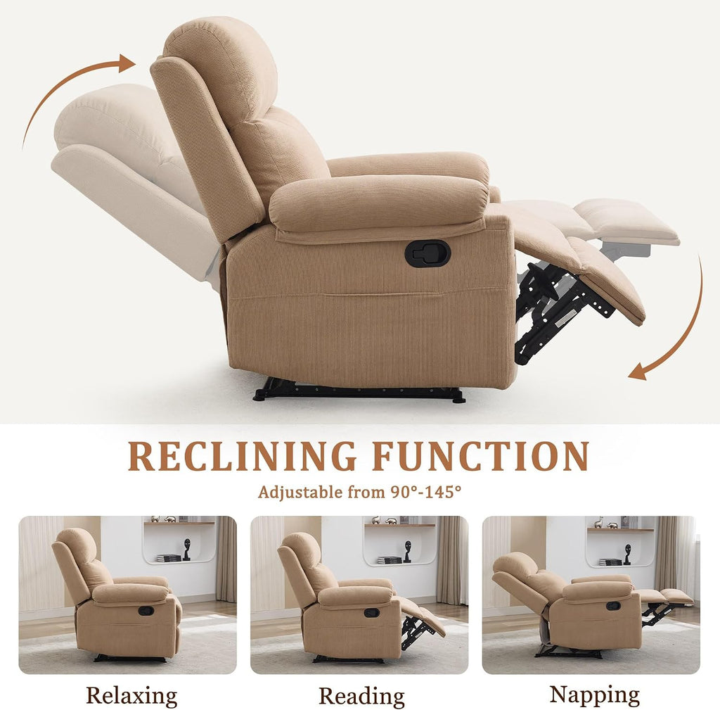 Korser Recliner Chairs, Small Recliners for Small Spaces, Manual Recliner for Adults with Side Pockets, Adjustable Overstuffed Comfy Corduroy Reclining Chair for Living Room, Bedroom, Reading, Khaki