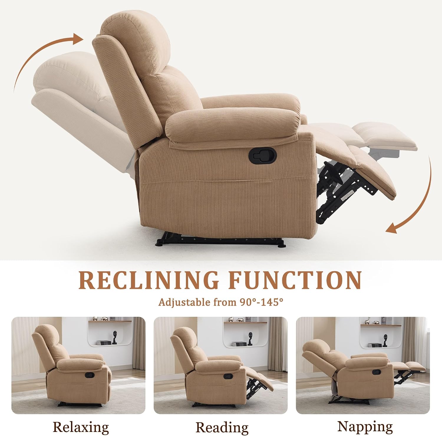 Korser Recliner Chairs, Small Recliners for Small Spaces, Manual Recliner for Adults with Side Pockets, Adjustable Overstuffed Comfy Corduroy Reclining Chair for Living Room, Bedroom, Reading, Khaki
