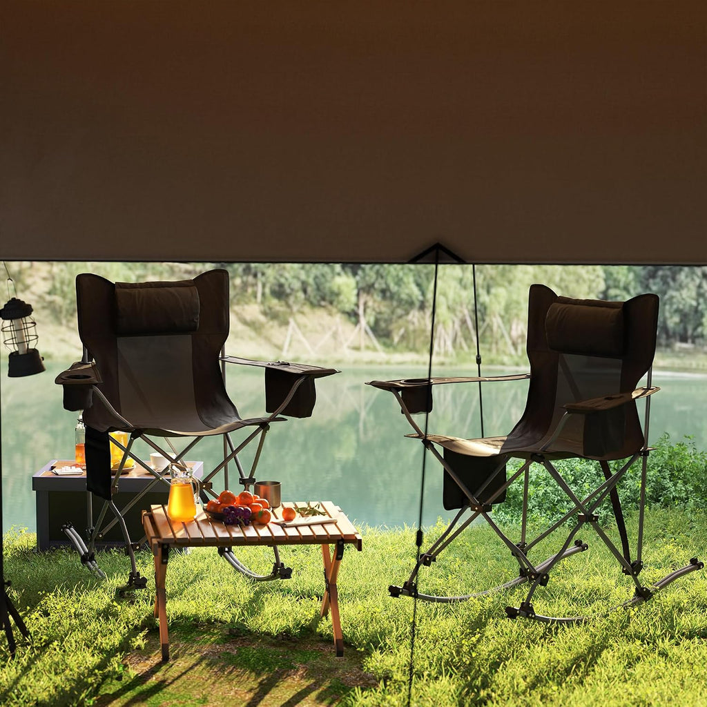 Outsunny Folding Rocking Camping Chairs for Adults, Portable Outdoor Rocking Chairs with Headrest, Cooler Bag, Cup Holder, Carry Bag for Picnic Outside and Outdoor Travel, 2 Pack, Black