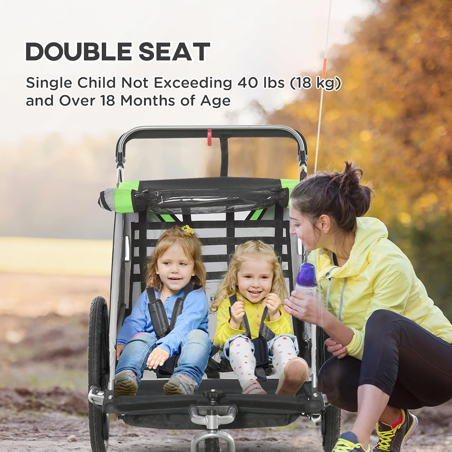 Aosom 3-in-1 Walk/Jog/Ride Child Baby Bike Trailer for Kids 2 Seater, High-Visibility Bike Stroller for Toddler Wagon, Weather-Strong Double Bicycle Trailer Accessory