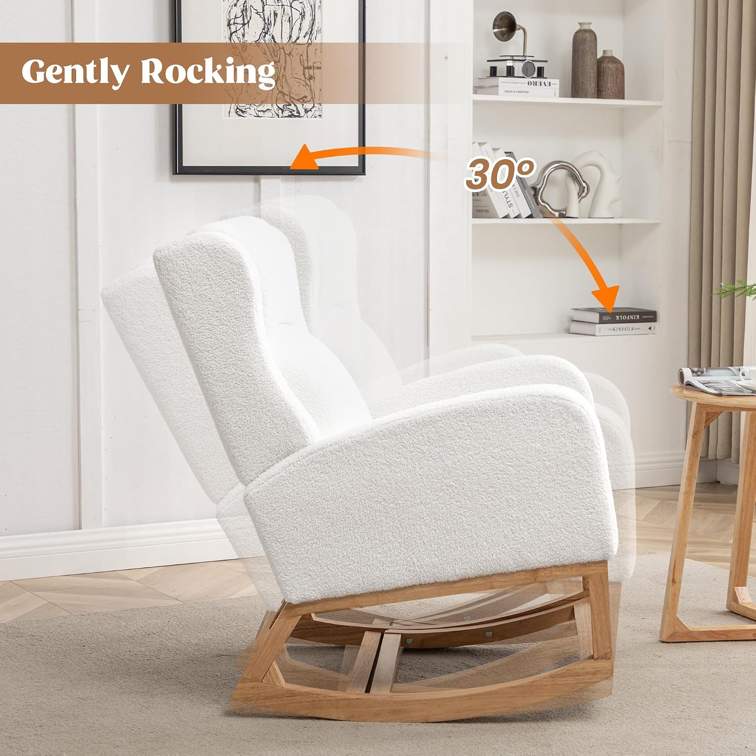 HCHAIRH Rocking Chair Nursery, Nursing Rocking Chairs for Mom Nursery, Comfy Wingback Glider Rocking Armchair with Foot Rest and Side Pocket for Nursery Living Room Bedroom, Teddy White
