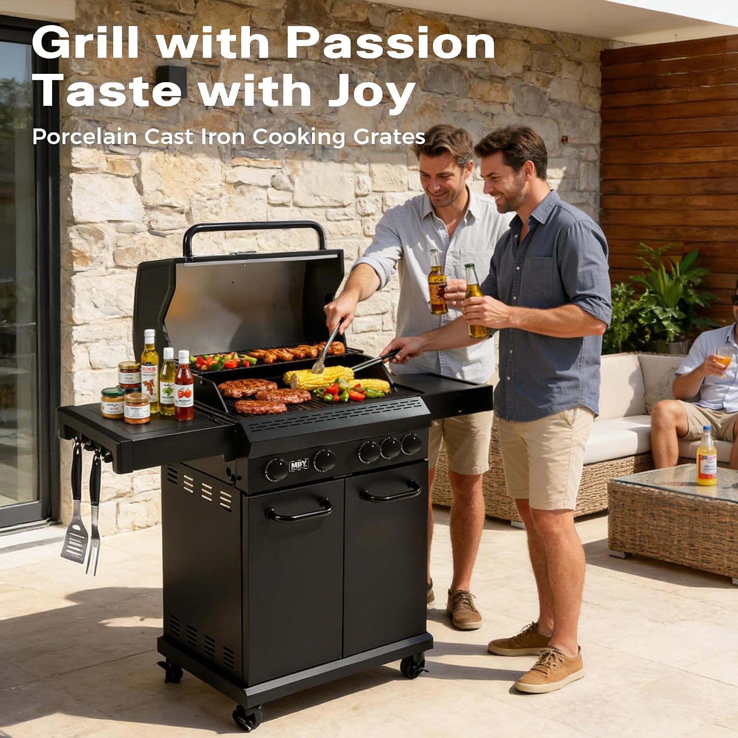 4 Burner Propane Gas Grill with 1 Side Burner, 50,000 BTU Outdoor BBQ Grill, Heavy-Duty Steel Construction, Cast Iron Cooking Grates & Griddle, Backyard Patio Barbecue