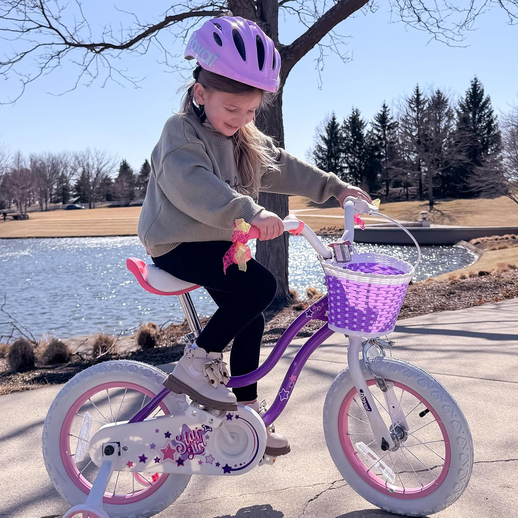 RoyalBaby Stargirl 12 Inch Kids Outdoor Bicycle with Accessory Basket, Bell, Thick Wheels, and Safety Training Wheels for Ages 2-4, Purple