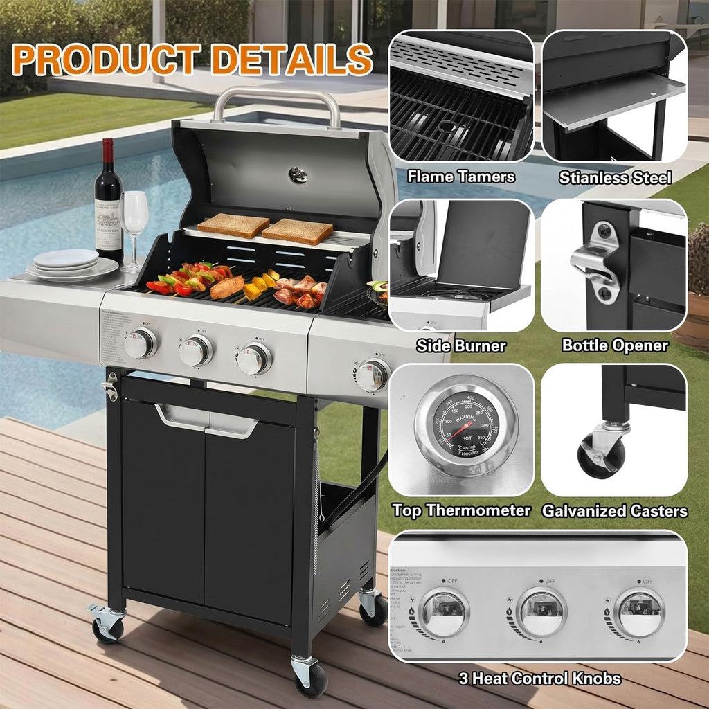 Endark 3-burner propane grill, 40,500 BTU with side-fire function. Stainless steel, enameled cast iron grate, thermometer, wheels. Perfect for patio and garden cooking