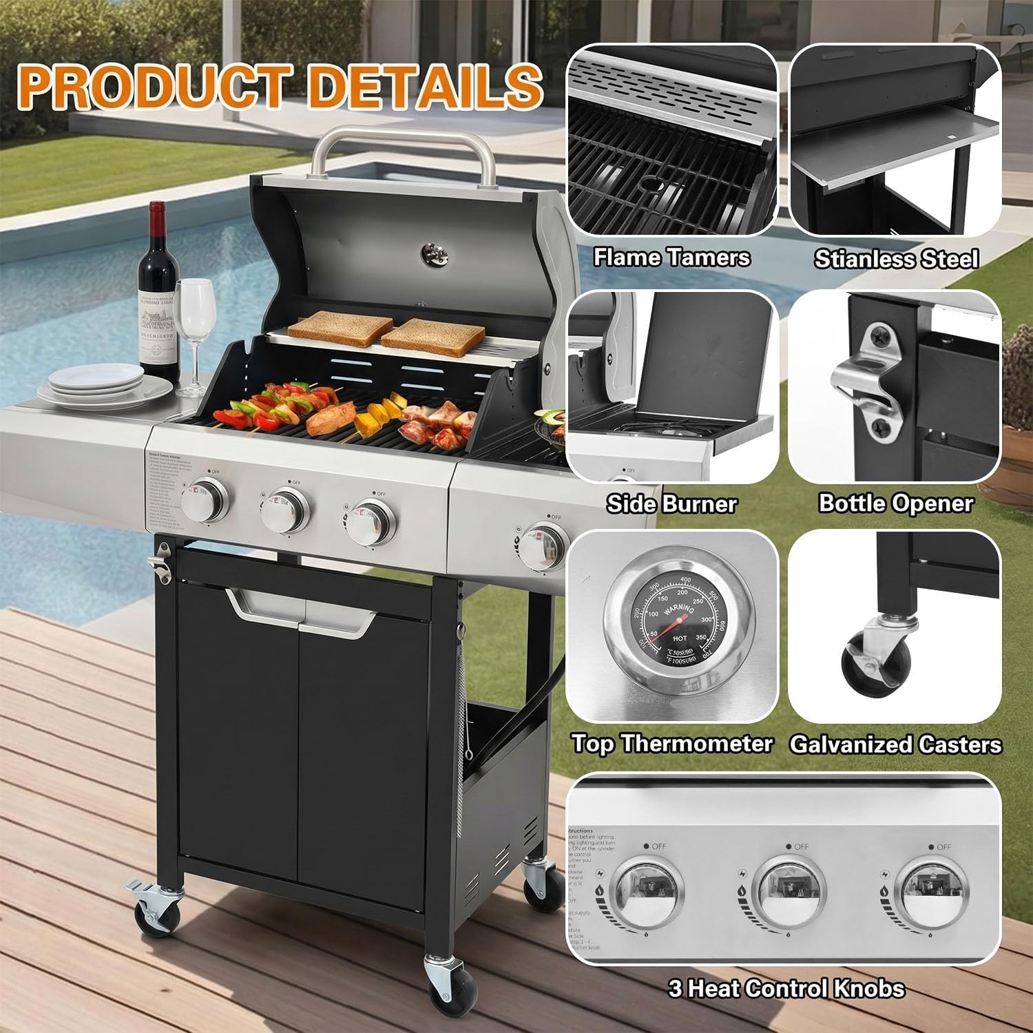 Endark 3-burner propane grill, 40,500 BTU with side-fire function. Stainless steel, enameled cast iron grate, thermometer, wheels. Perfect for patio and garden cooking