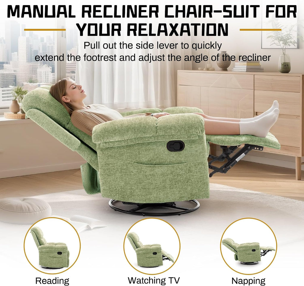 Korser Recliner Chair, Swivel Rocker Recliner Chair for Adults, Small Recliners for Small Spaces, Upholstered Manual Recliner with Side Pockets, Nursery Rocking Chair for Living Room, Chenille, Green