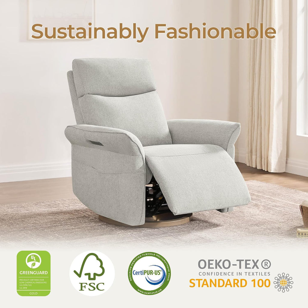 CHITA Power Recliner Chair, Electric Triple-Motor Swivel Glider Nursery Rocking Chair with Adjustable Power Headrest and Lumbar Support, GREENGARD Gold Certified, Solid Wood Base, Crockery Grey