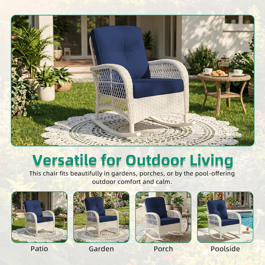 VIVIJASON Outdoor Wicker Rocking Chair, Patio Rattan Rocker Chair with Cushions & Steel Frame, All-Weather Rocking Lawn Furniture for Garden Backyard Porch, Cream White/Navy Blue