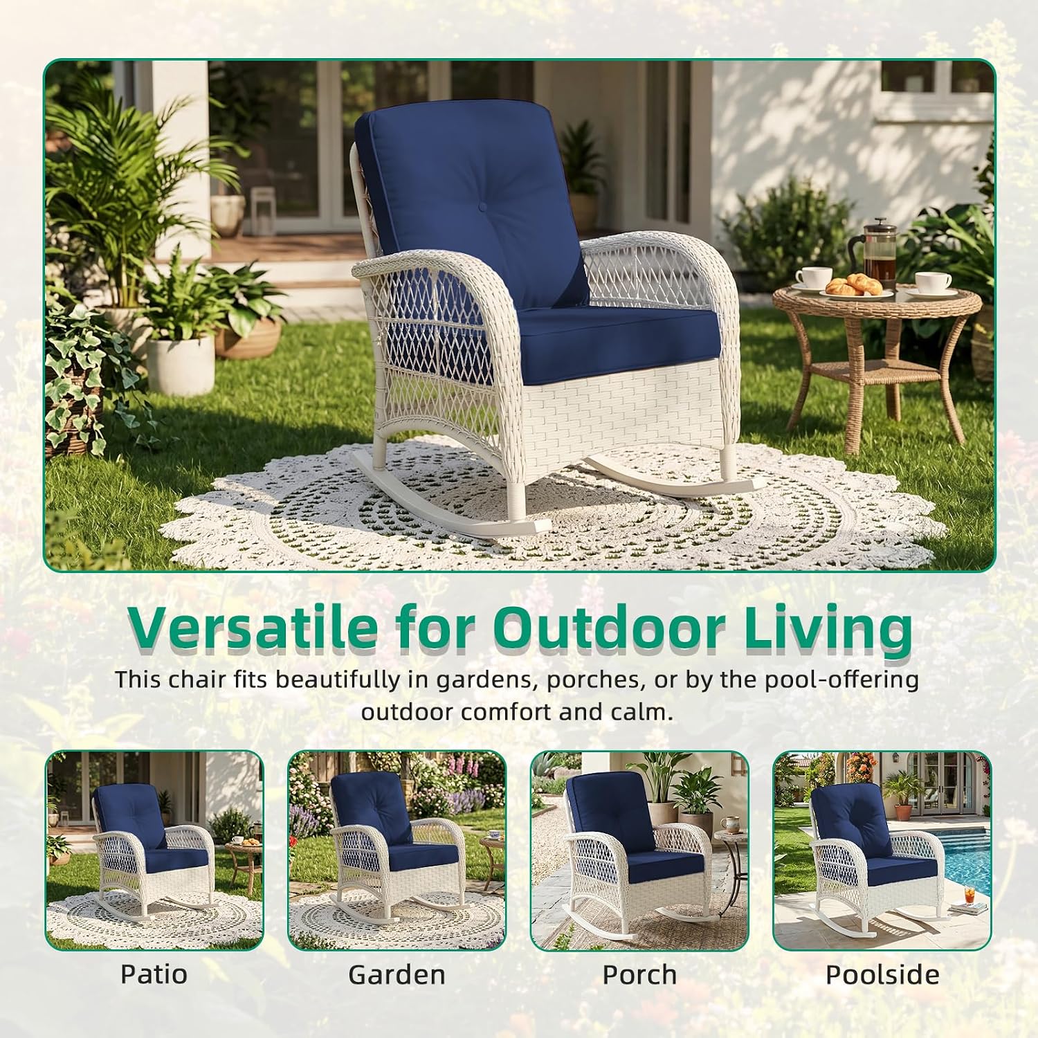 VIVIJASON Outdoor Wicker Rocking Chair, Patio Rattan Rocker Chair with Cushions & Steel Frame, All-Weather Rocking Lawn Furniture for Garden Backyard Porch, Cream White/Navy Blue