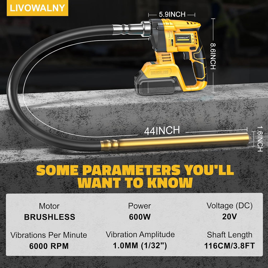 LIVOWALNY Handheld Concrete Vibrating Tool Compatible with Dewalt 20V Battery (No Battery), 600W Cordless Electric Concrete Vibrator with 3.8ft Shaft Rod,6000RPM Portable Vibrarator Remove Air Bubble
