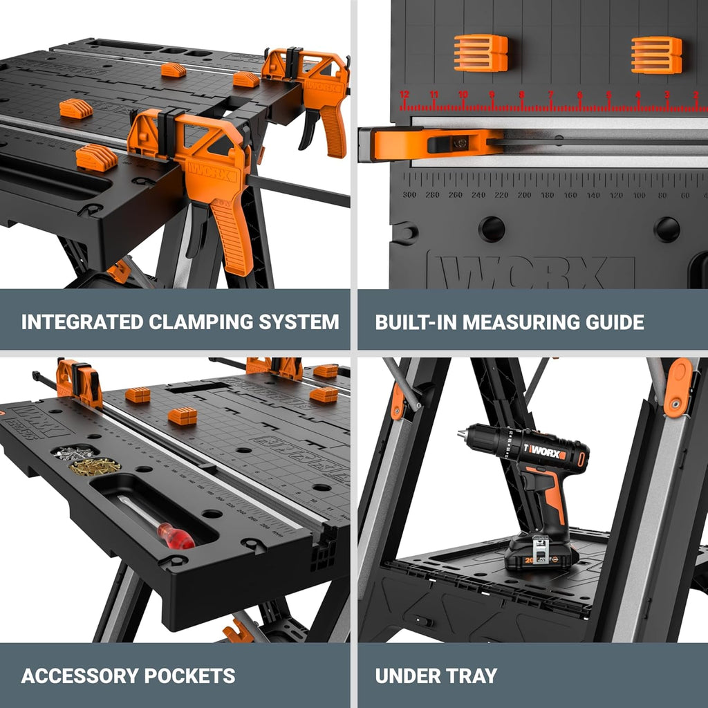 Worx Pegasus 2-in-1 Folding Work Table & Sawhorse, Easy Setup Portable Workbench, 31' W x 25' D x 32' H Lightweight Worktable with Heavy-Duty Load Capacity, WX051 - Includes 2 Clamps & 4 Clamp Dogs