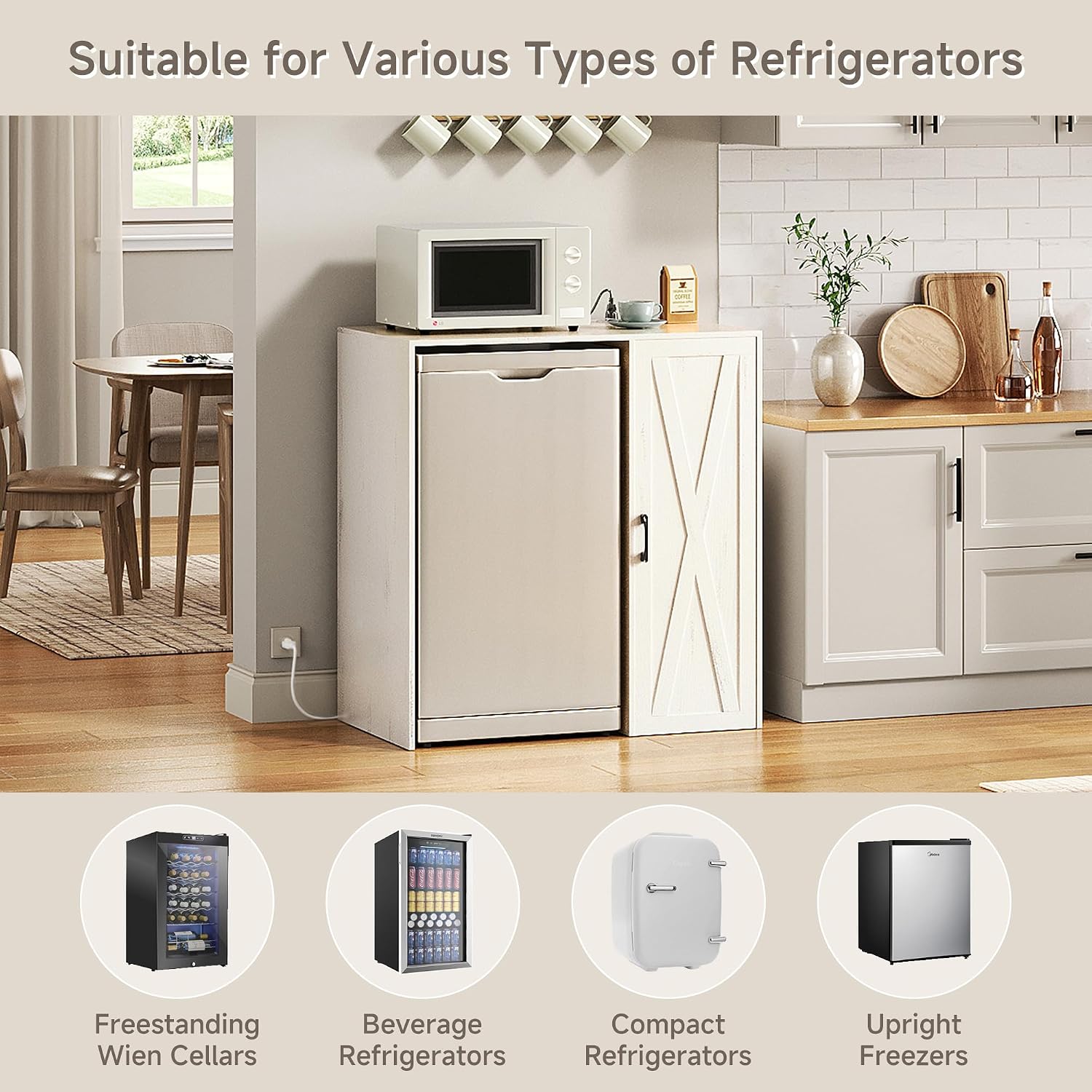 Herture Mini Fridge Cabinet with Storage,Coffee Bar Cabinet with Mini Fridge Space & Power Outlet,Fits 24' Fridge,Home Bar Wine Cabinet for Home,Kitchen,Office & Dorm Vintage White KH01MRE