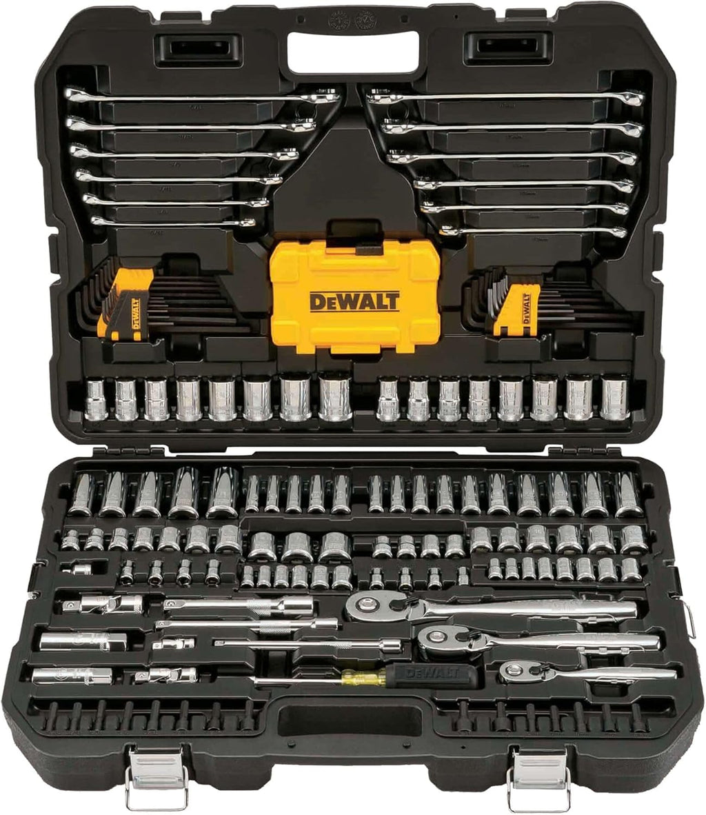 DEWALT Mechanic Tool Set with Case, Socket Set Metric and Standard Full, 1/4' & 3/8' Drive, Hex Keys and Specialty Tools, 168-Piece (DWMT73803)