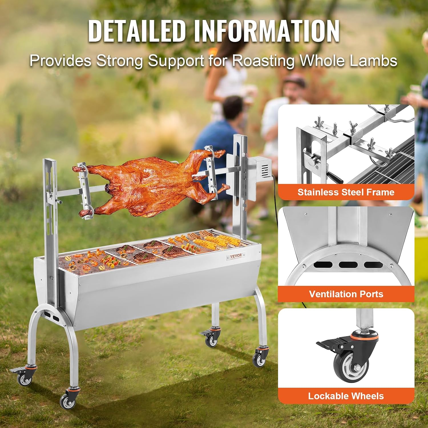 VEVOR Rotisserie Grill, BBQ Whole Pig Lamb Goat Charcoal Spit Grill, 46 Inch 132 Lbs Capacity, Electric 52W Motor Stainless Steel Rotisserie Roaster with Lockable Wheels, for Camping Outdoor
