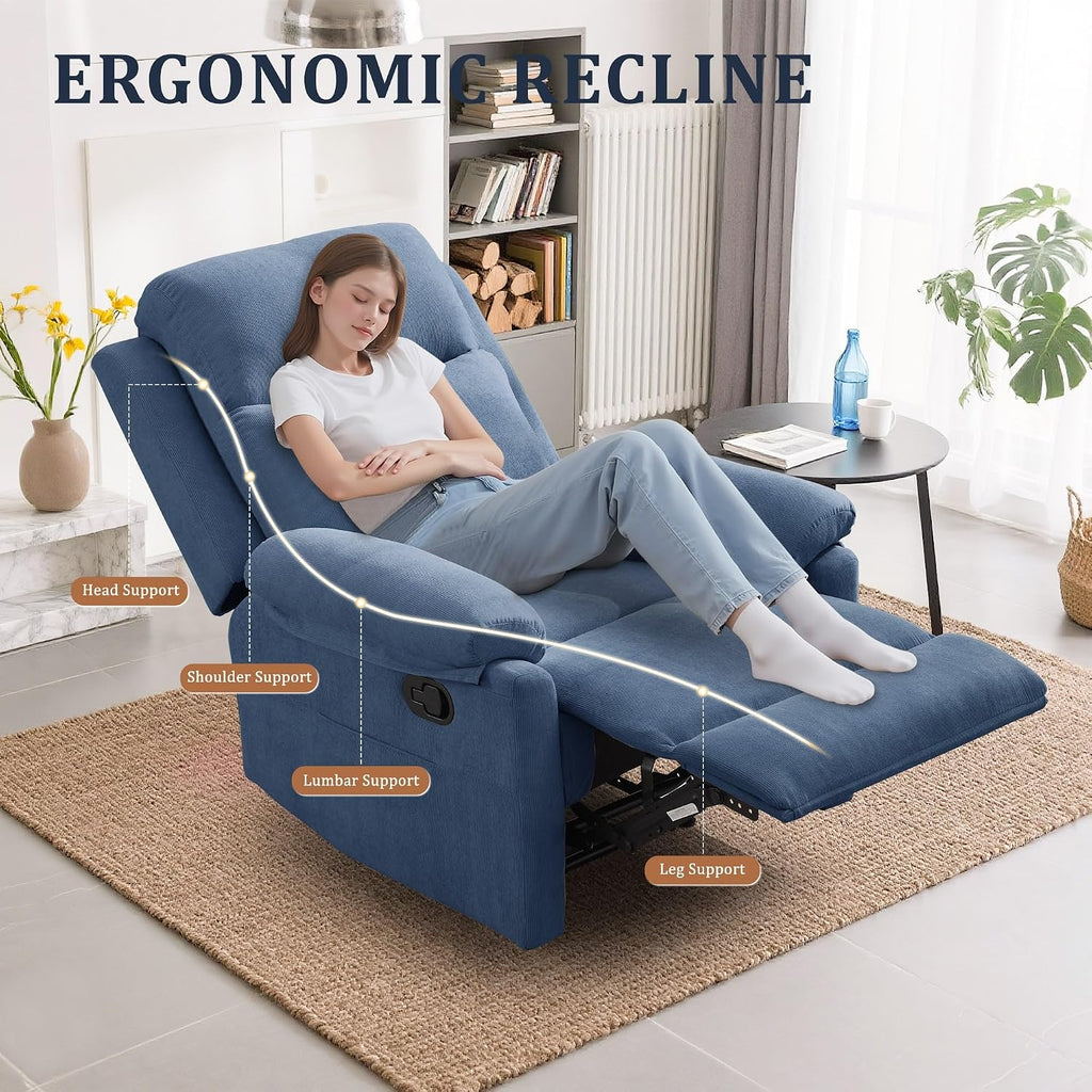 Korser Recliner Chair, Manual Recliner for Adults with Side Pocket, Small Recliners for Small Spaces, Adjustable Comfy Overstuffed Corduroy Reclining Chairs for Living Room, Reading, Bedroom, Blue