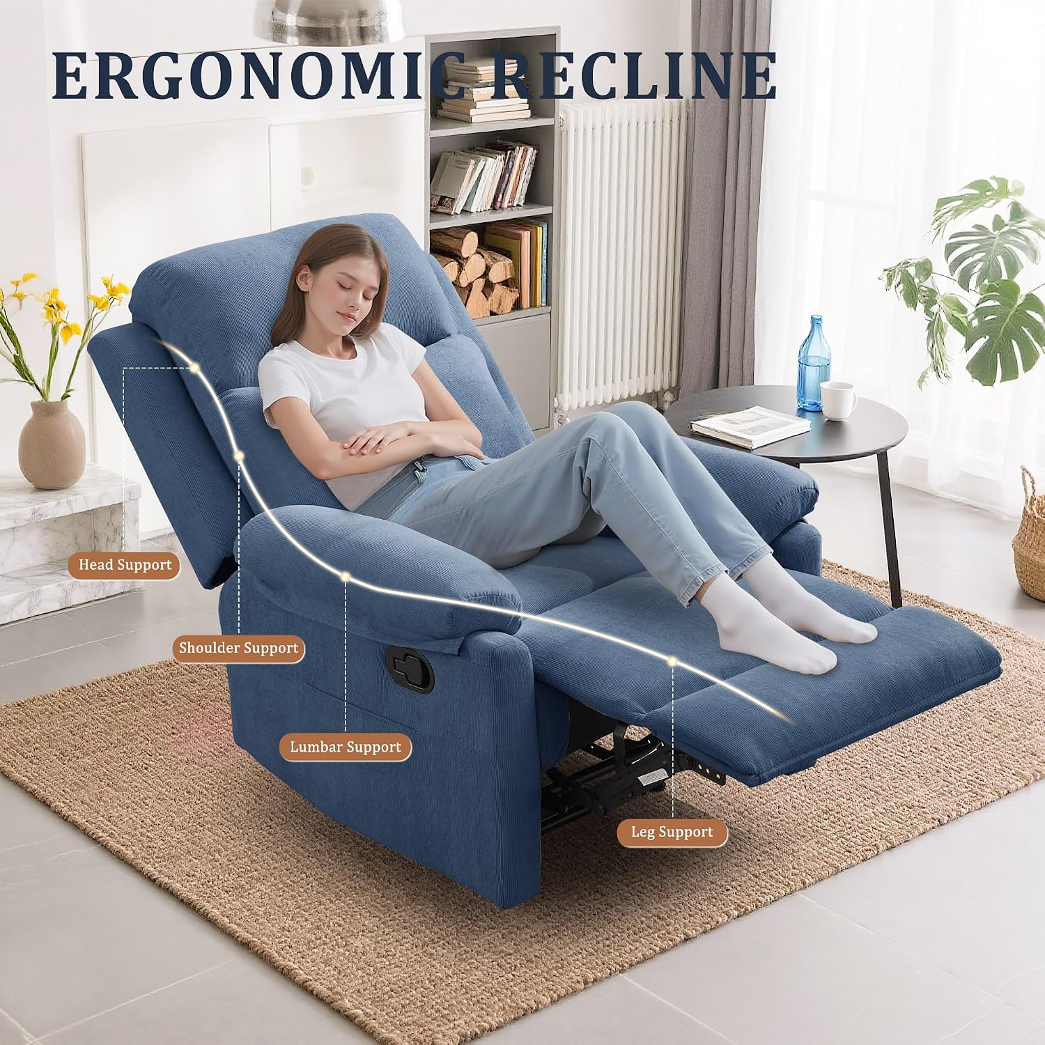 Korser Recliner Chair, Manual Recliner for Adults with Side Pocket, Small Recliners for Small Spaces, Adjustable Comfy Overstuffed Corduroy Reclining Chairs for Living Room, Reading, Bedroom, Blue