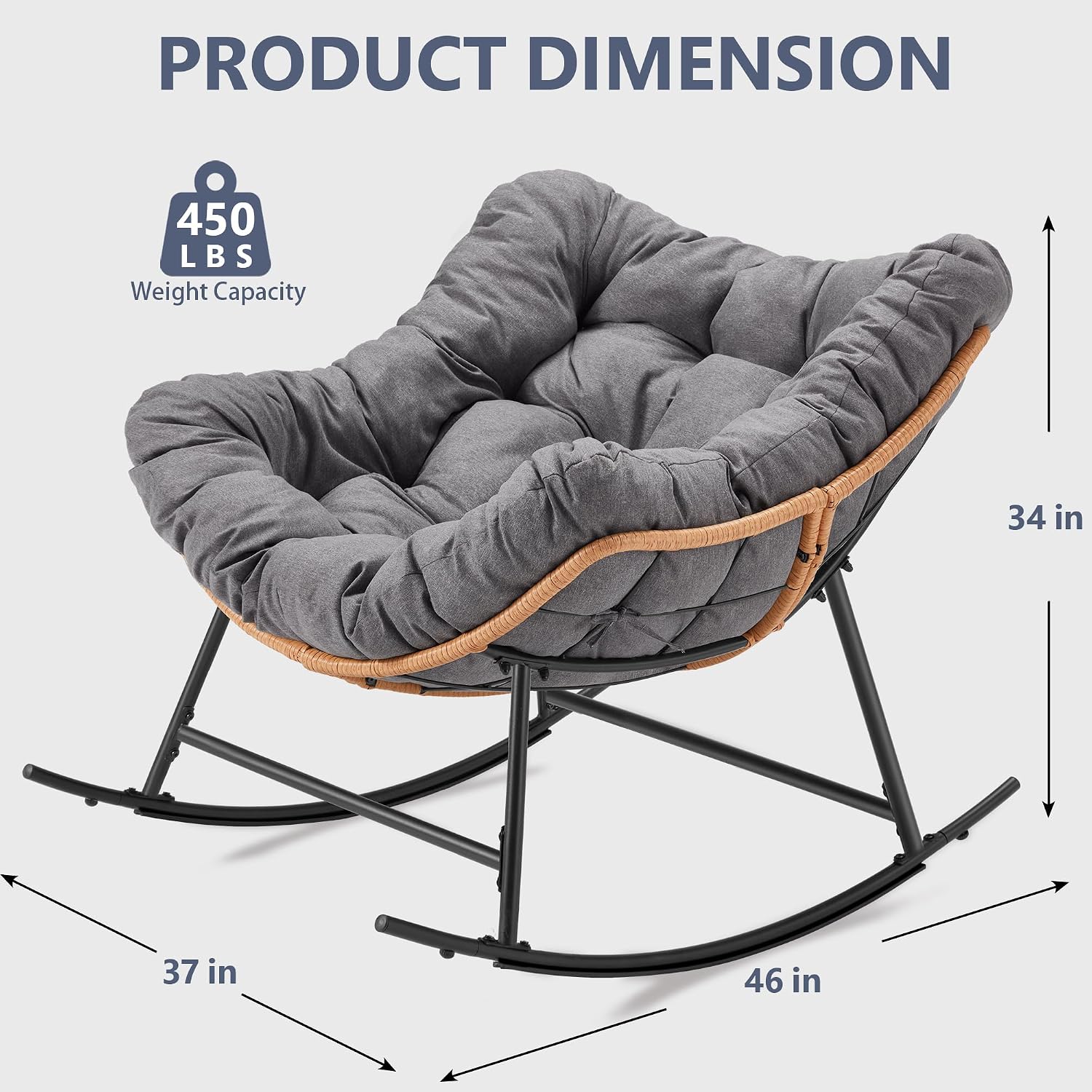 Youtanic Outdoor Rocking Chair, Oversized Papasan Reading Chair Indoor with Thick Cushion, Comfy Rattan Rocker Egg Chair for Patio, Garden, Balcony, Lawn, Backyard, Bedroom, up to 450lbs, Dark Gray