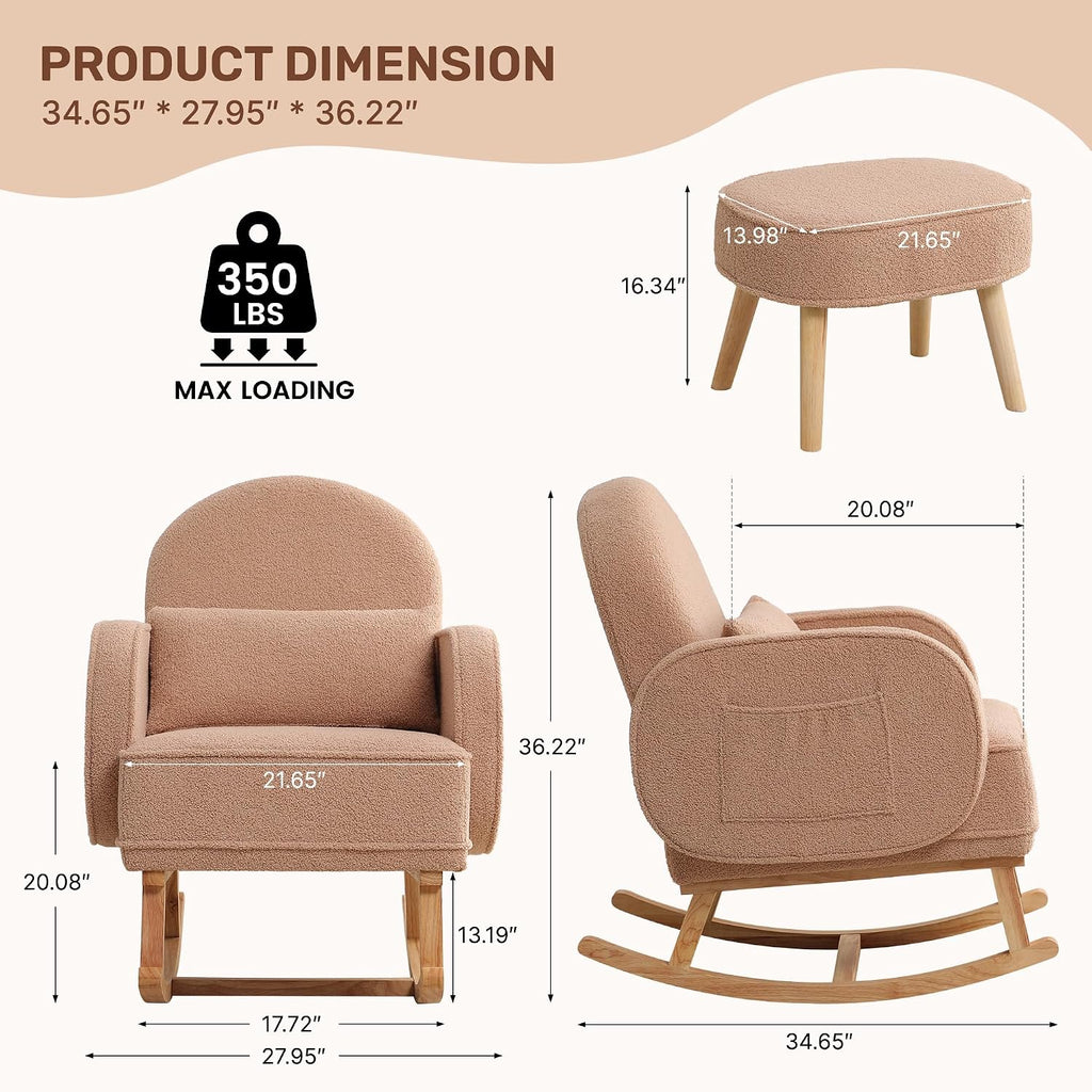 HCHAIRH Rocking Chair Nursery with Ottoman, Upholstered Glider Rocker with High Backrest and Side Pocket, Rocking Accent Armchair with Solid Wood Legs for Nursery, Living Room, Bedroom Coffee