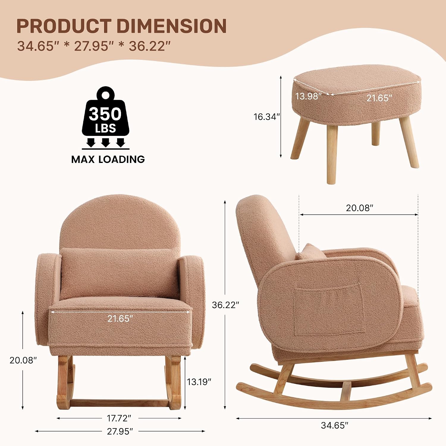 HCHAIRH Rocking Chair Nursery with Ottoman, Upholstered Glider Rocker with High Backrest and Side Pocket, Rocking Accent Armchair with Solid Wood Legs for Nursery, Living Room, Bedroom Coffee
