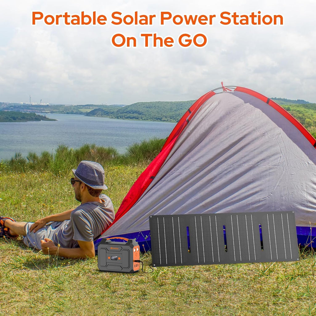 Solar Power Station with Foldable Solar Panel 60W, 110V 100W AC Outlet Camping Portable Solar Power Bank Generator with Panels Included,Portable Battery Pack for Laptop Smart Device RV Outdoor Backup