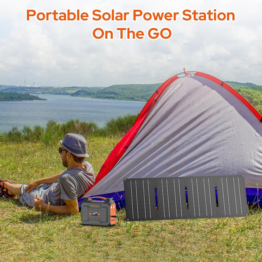 Portable Power Station with Foldable Solar Panel 60W Included, 110V 100W AC Outlet Portable Solar Power Pack Generator with Panels, Camping Power Bank for Laptop Smart Device RV Outdoor Backup