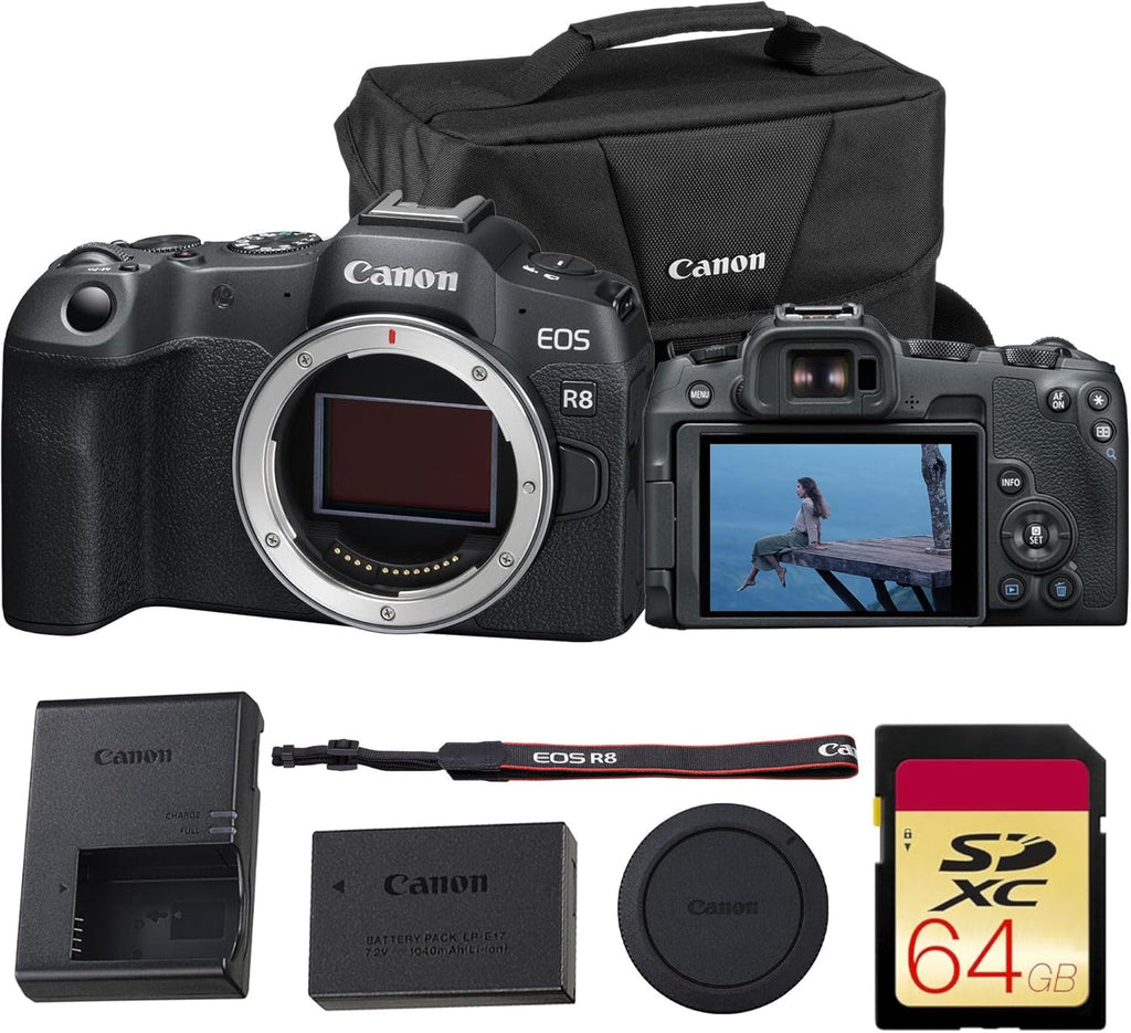 Canon EOS R8 Full-Frame Mirrorless Camera – 24.2MP, 4K60p Video, Dual Pixel AF II, Wi-Fi, Lightweight Body – Body Only (5803C002) + 64GB Memory Card + Canon Shoulder Bag
