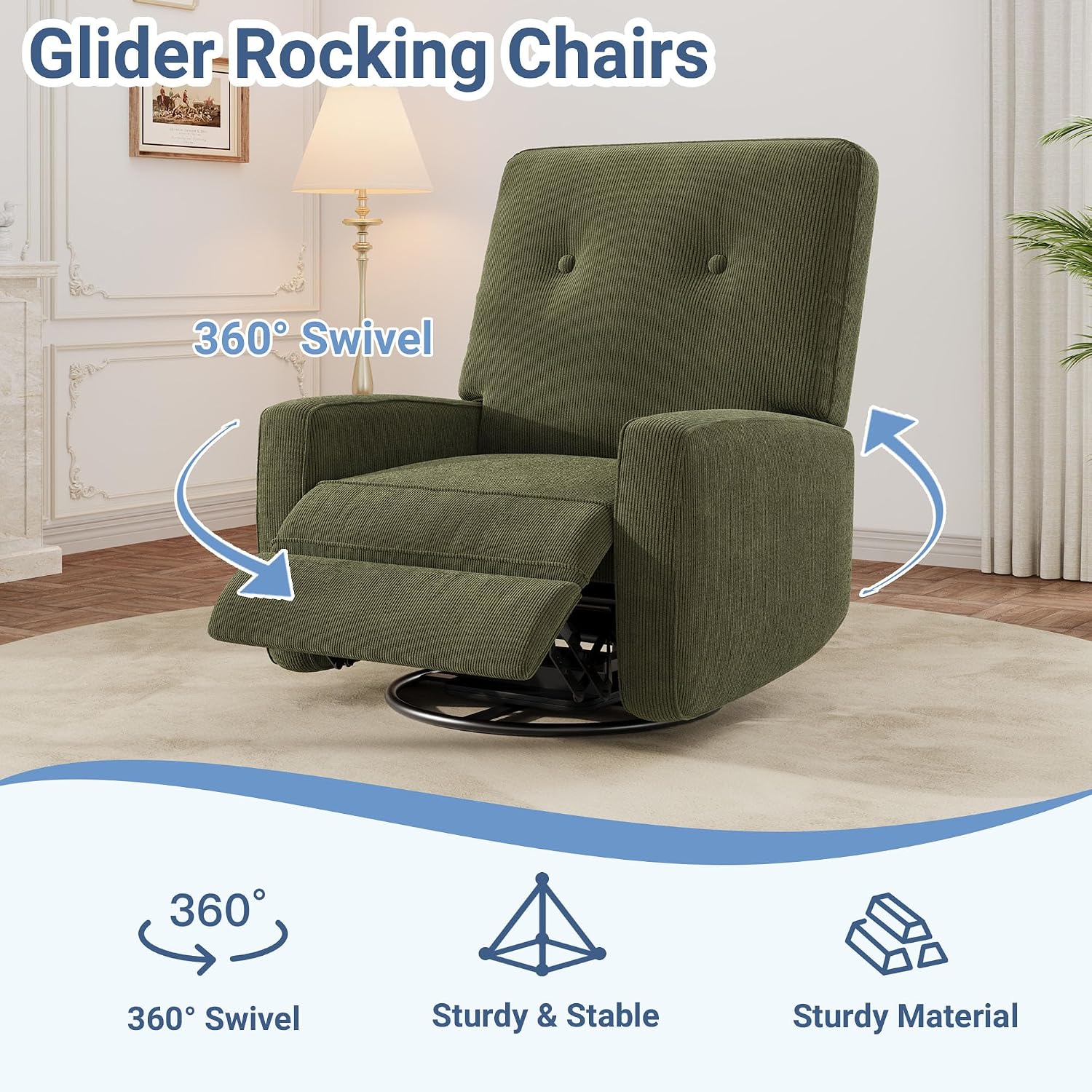 Garvee Nursery Recliner Chair, 360° Swivel Rocking Glider Chair for Adults with Adjustable Backrest & Footrest, Cozy Corduroy Upholstered Armchair for Living Rooms, Bedrooms, Apartments, Green