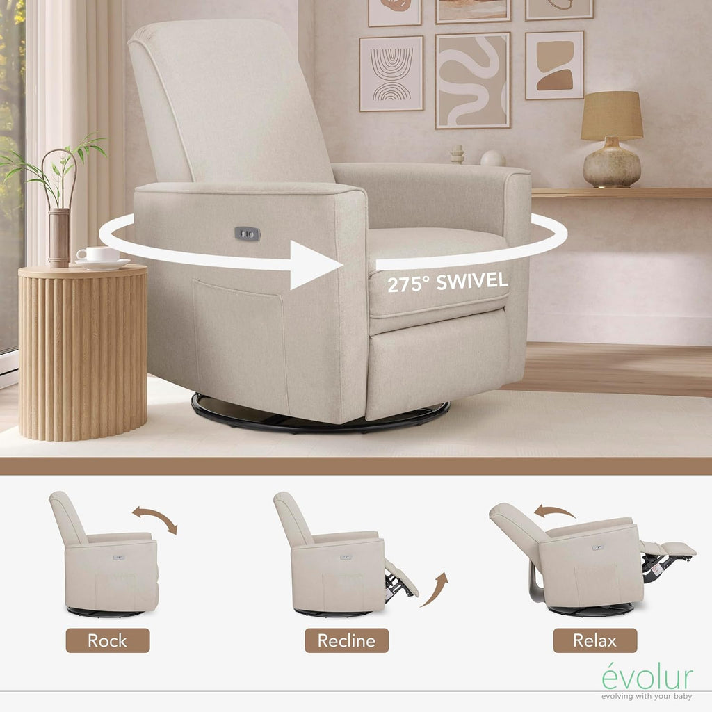 Evolur Harlow Upholstered Power Glider Recliner with USB Charging – Rocking & 275° Swivel with Smooth Glide – Greenguard Gold & FSC Certified – Modern Nursery and Living Room Chair in Light Sand