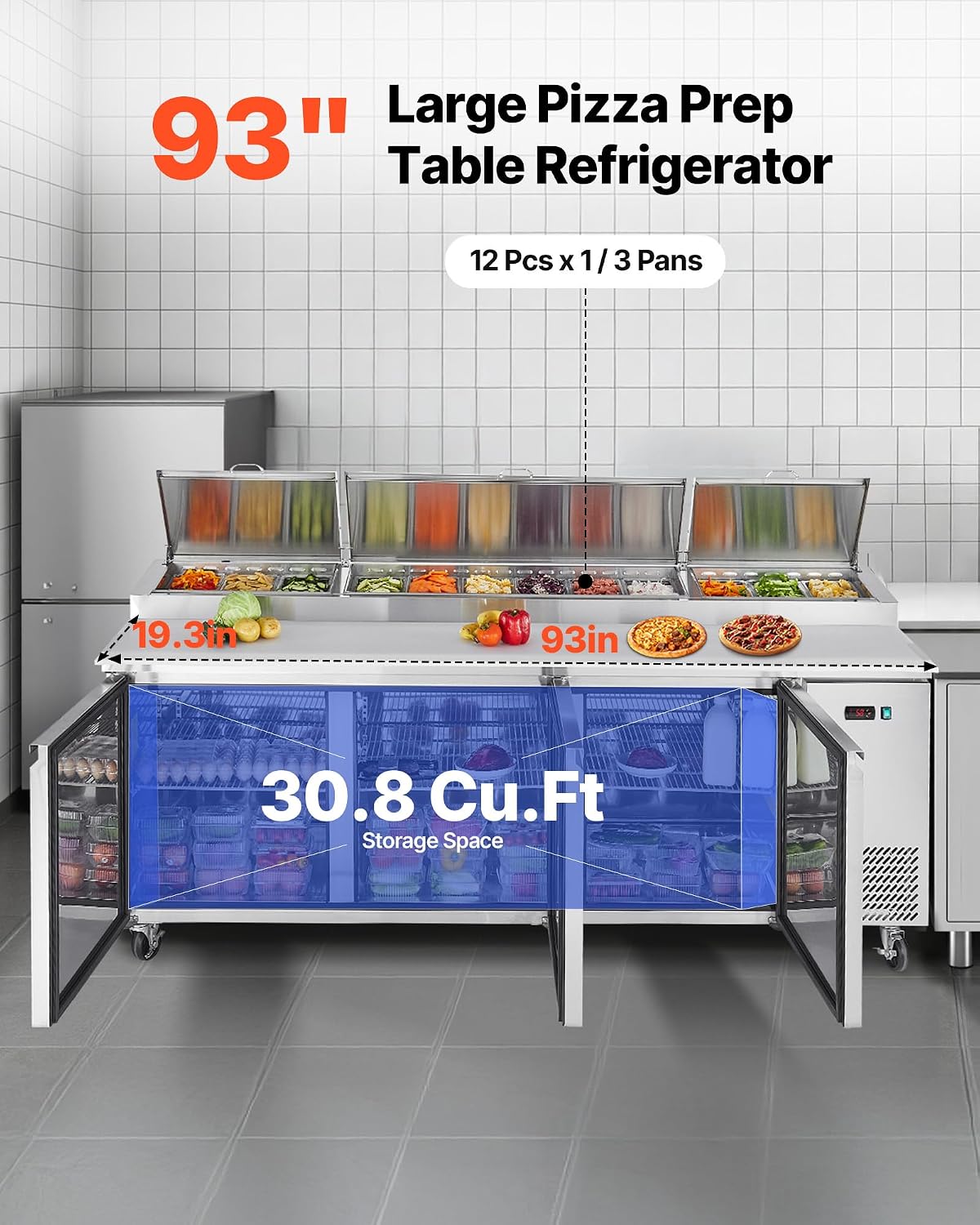 VEVOR 93'W Commercial Refrigerator, Pizza Prep Refrigerated Table, 19.3' Ultra Wide Countertop Food Prep Cooler, 30.8 Cu.Ft Single Door Salad Prep Fridge, 12 Pans Pizza Make Worktop with Cutting Board